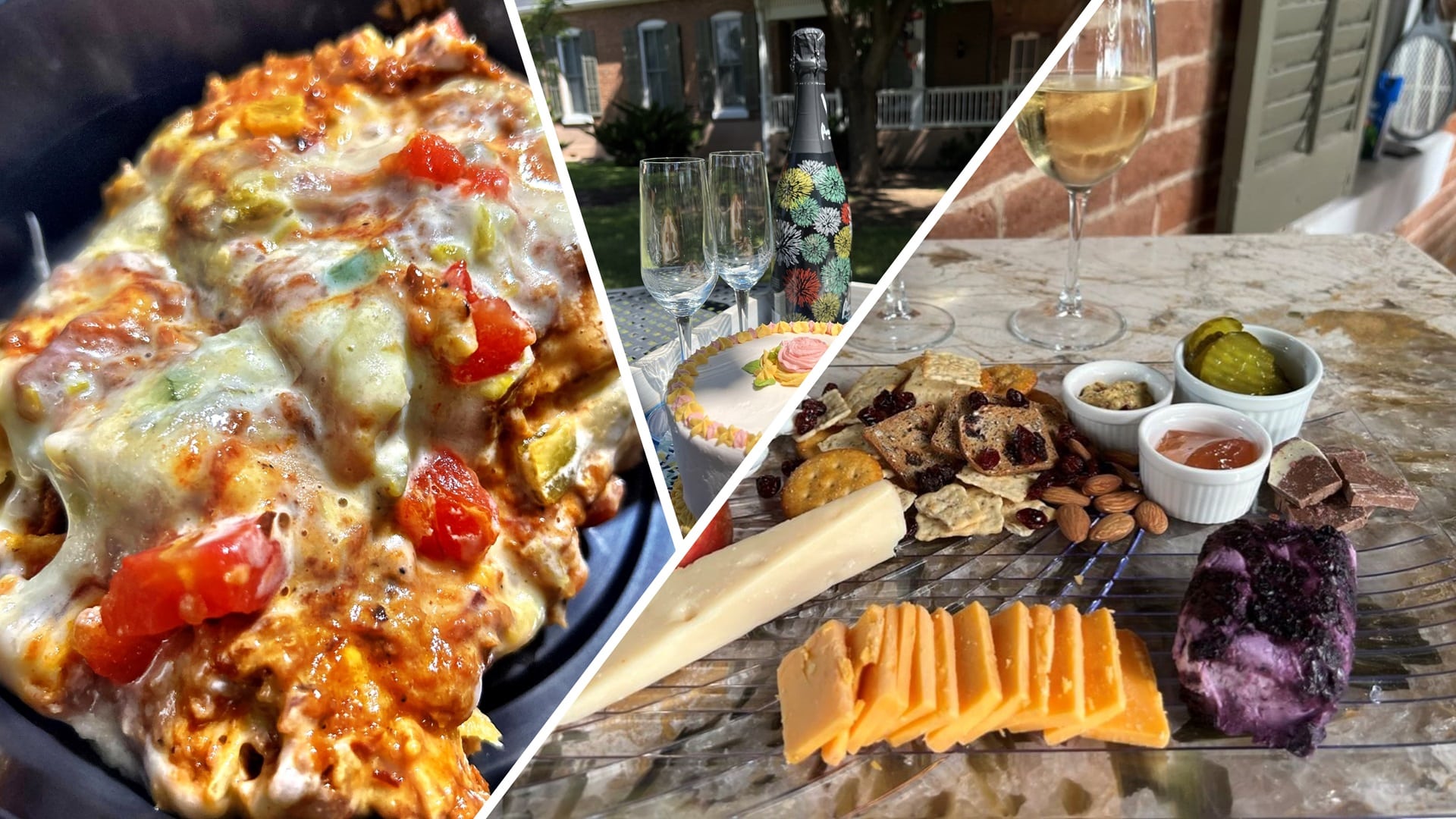 A collage of 3 pictures. One has what looks like hot enchiladas with gooey cheese and diced tomatoes. One has a cake with a bottle of champagne and two champagne flutes. One has a cheese board with 3 cheeses, wine, pickles, crackers, and chocolate.