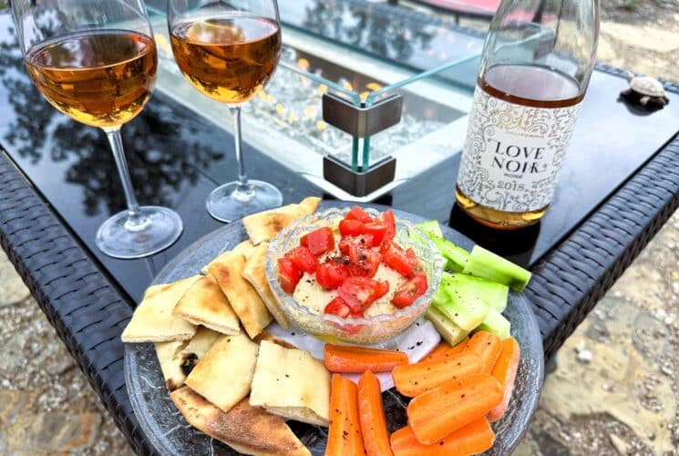 A bowl of dip covered with tomatoes surrounded by carrots, cucumber, and bread. The plate is on the edge of a fire pit and there are two glasses of rose wine and a wine bottle.