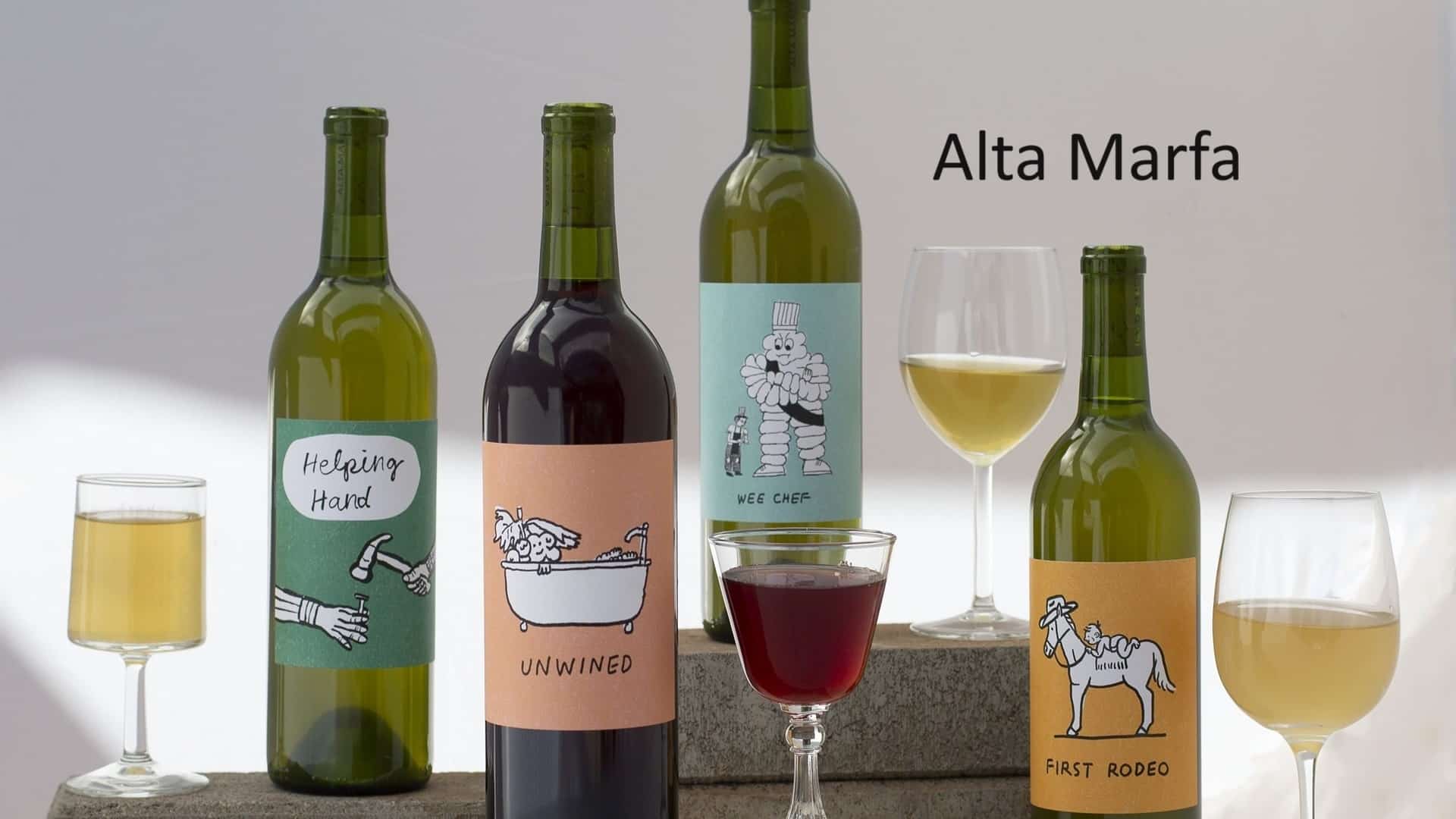 four bottles of wine and 4 wine glasses with different wines in them. The words Alta Marfa are in the top right