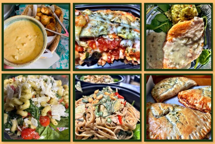 a collage of 6 pictures of food, including soup, pies, and salads